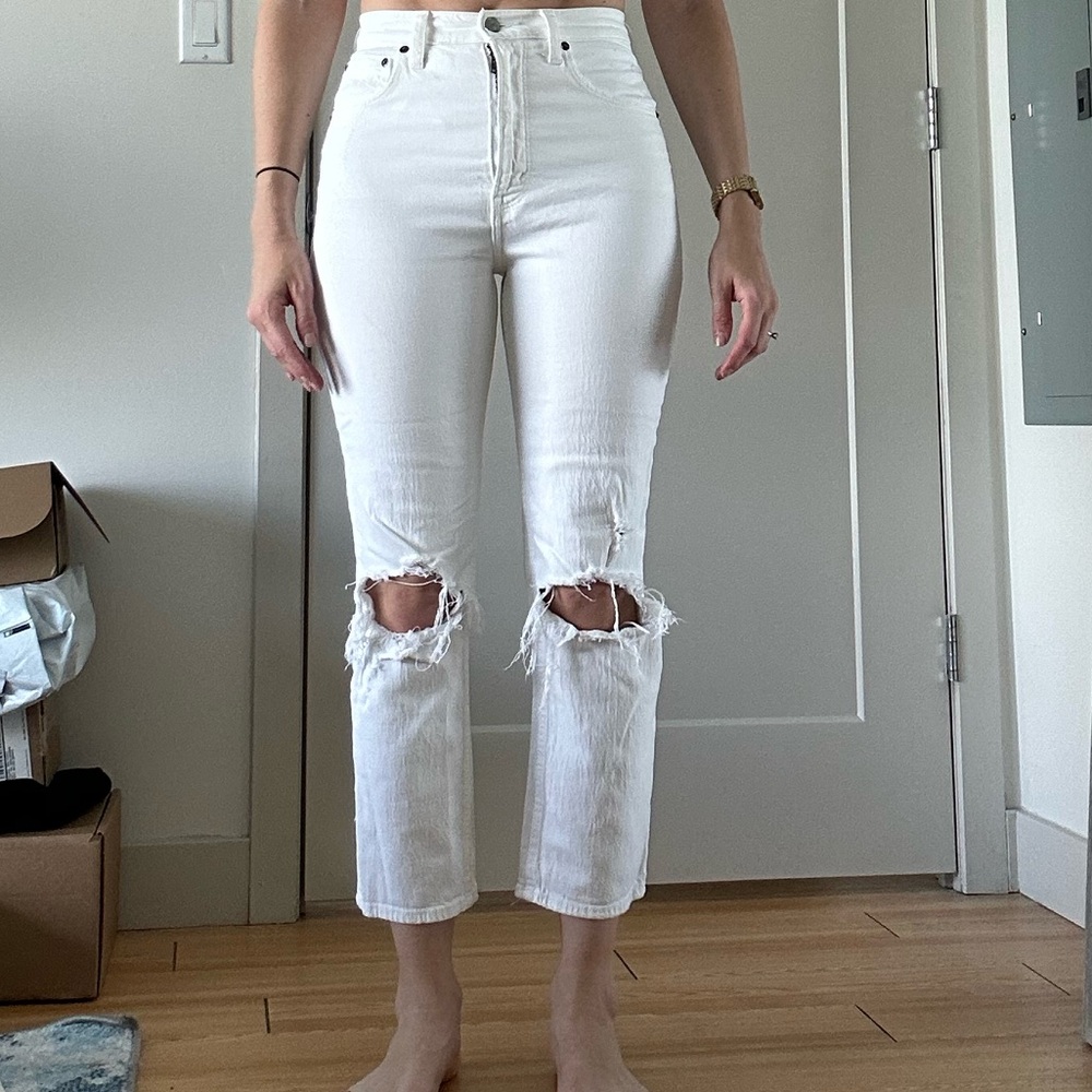 High Rise Ankle Straight White Jeans